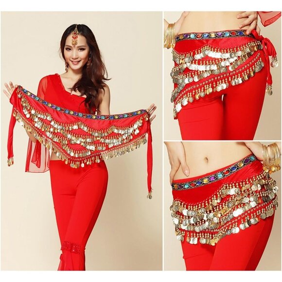 Women's Red Triangular Belly Dancing Hip Scarf Wrap Skirt with Gold Coins - Picture 2 of 4